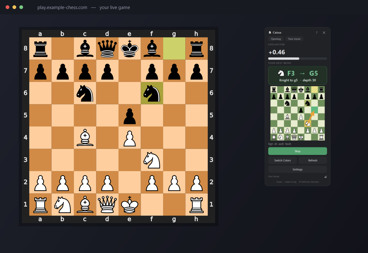 Caissa floating beside a live chess game, showing the evaluation and the best move F3 to G5