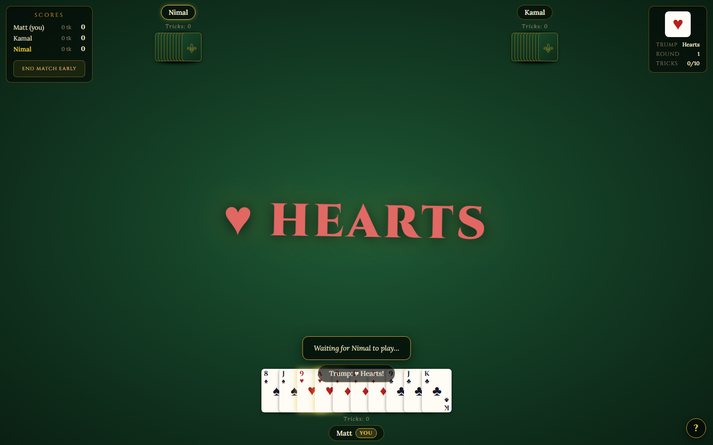 A three-player OMI match in progress: trump revealed as Hearts, opponents Nimal and Kamal shown with their card counts, and the player's own ten-card hand at the bottom