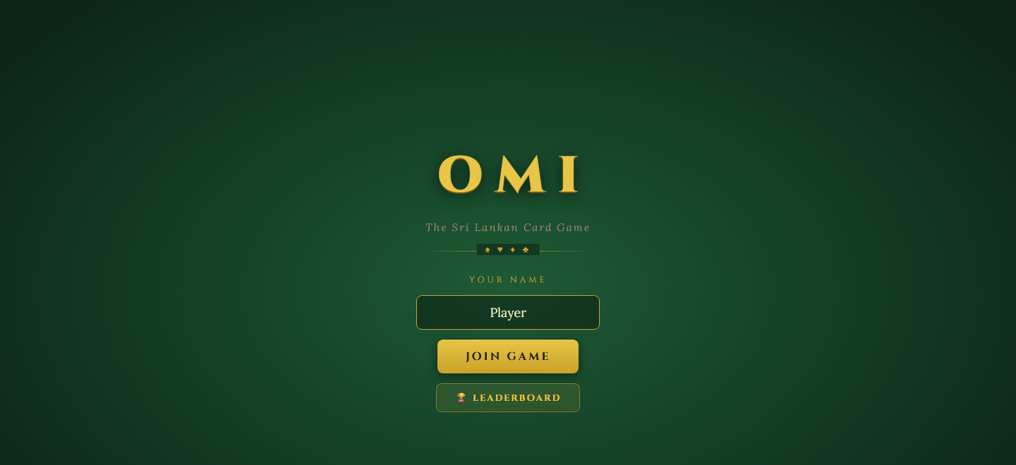 The OMI join screen: name entry, Join Game and Leaderboard buttons, on a felt-green table background